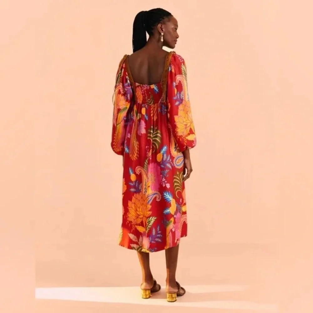 Farm Rio Floral Red Midi Dress sz M FLAWED - Picture 2 of 14